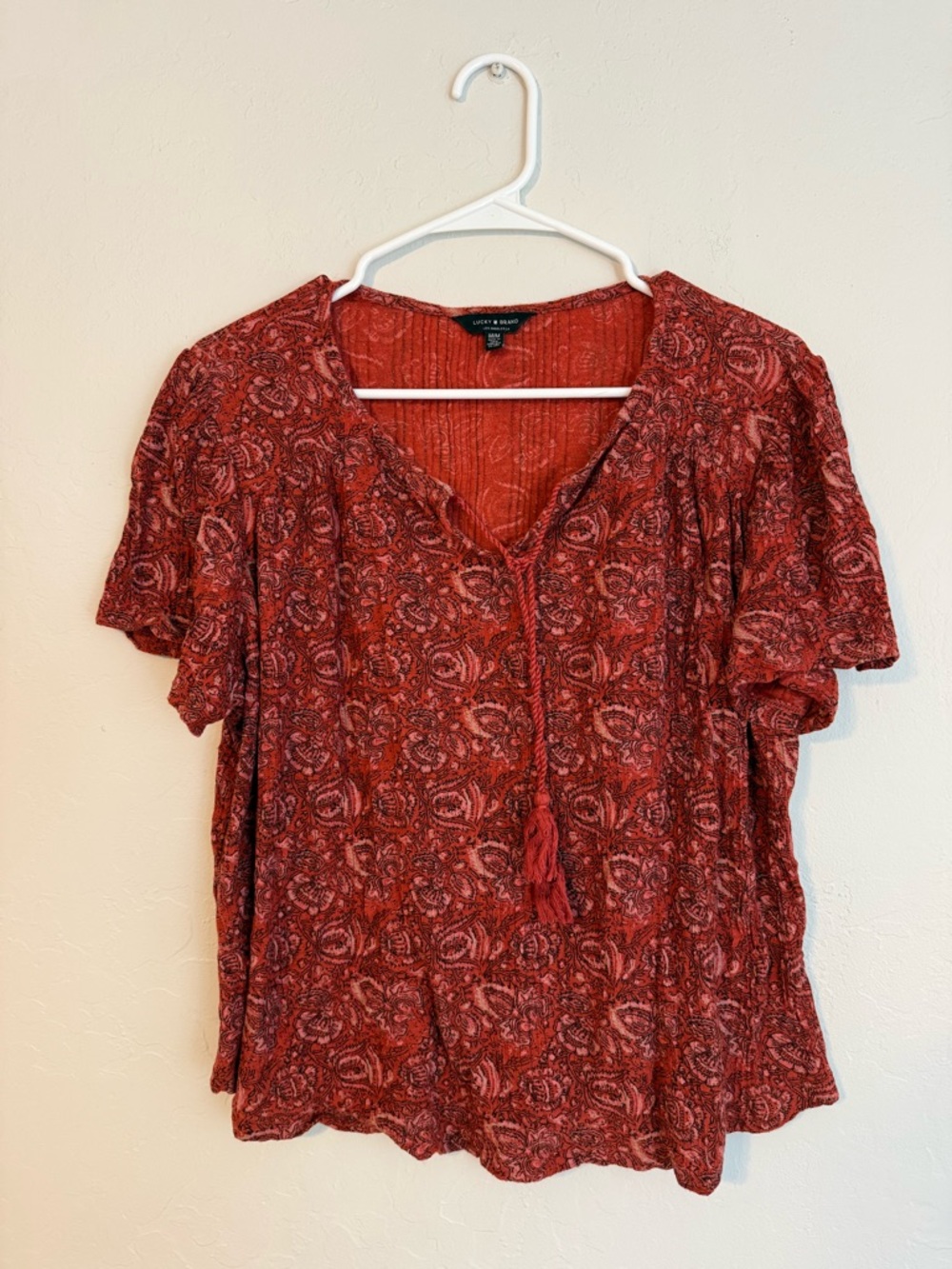 Lucky Brand Rust Red Paisley Tassel Peasant Blouse